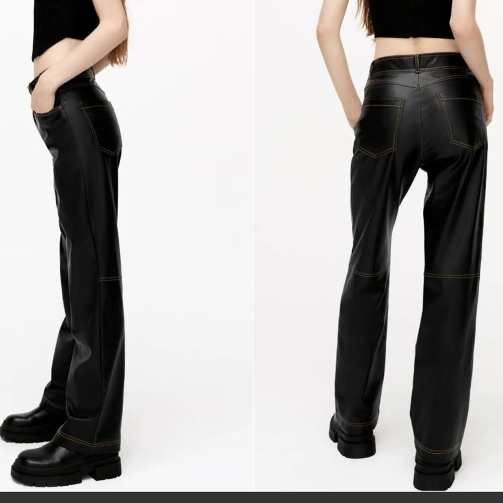 Zara Black Faux Leather Straight Leg Contrast Stitch Pants size XS - Picture 2 of 16